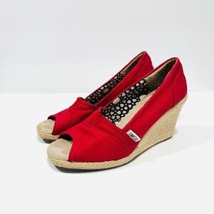 TOMS Classic Red Canvas Wedge Espadrille Peep Toe Shoes Sandals